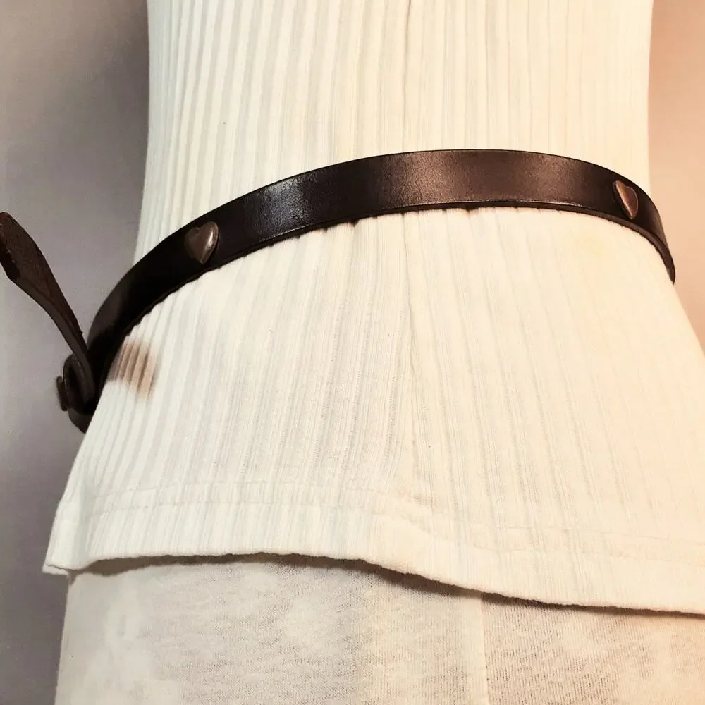 Womens Black Leather Brass Heart Studed Skinny Belt Size Medium Punk Moto
